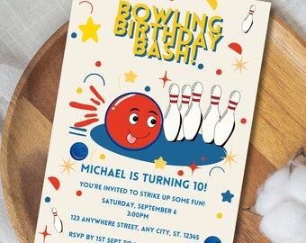 Retro Bowling Birthday Invitation | Editable Printable Party Invite for Kids | 10th Birthday | Instant Download | Boys Bowling Party