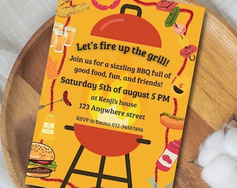 Invitación para barbacoa de verano (A6) imprimible. Tarjeta editable para barbacoa en el jardín. ¡A encender la parrilla! Descarga instantánea.