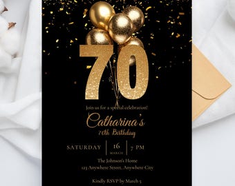 70th Birthday Invitation | Gold Black Birthday Invite | 70th Party Printable | Canva Template | Elegant Adult Birthday Invitation