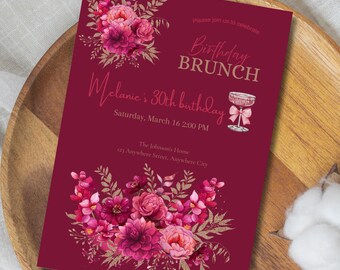 Modello di invito per brunch di compleanno con fiori rossi, invito per brunch di compleanno color bordeaux, solo testo modificabile, download digitale
