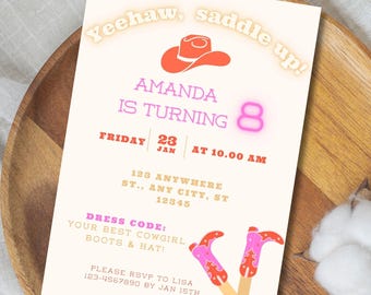 Cowgirl Birthday Invitation Girl – Yeehaw Party Invite with Boots and Hat – Western Rodeo Party – Editable Canva Template – Instant Download