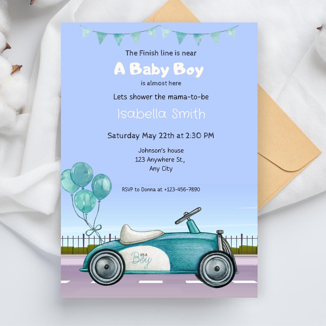 Baby Boy Race Car Invitation, Race Car Baby Shower Invite, Car Theme ...