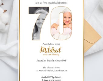 Invitación con foto para 70 cumpleaños, invitación dorada para 70 años, plantilla editable, invitación para fiesta de mujeres de 70 años, descarga digital
