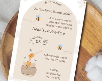 Editable Bee First Birthday Invitation – Printable 1st Birthday Evite – Bee Themed Party Template – Canva Invitation – Instant Download