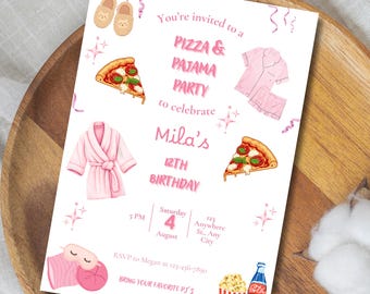 Sleepover Birthday Invitation | Pizza & Pajama Party Invite for Girls | Editable Canva Birthday Template