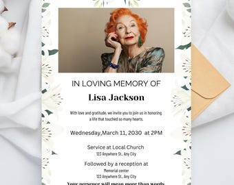Funeral Invitation Template | Memorial Service Invitation | Editable Canva Funeral Invite | In Loving Memory