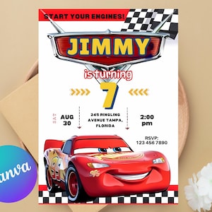 Cars Birthday Invitation | Lightning McQueen Invitation, Kids Birthday Invitation | Editable Personalized Canva Printable Digital Invitation