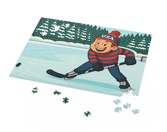 May include: A colorful puzzle featuring a cartoon illustration of a hockey player on an ice rink. The player wears a red and blue striped shirt and a hat with "USA" on it. The puzzle includes scattered pieces.