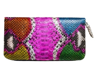 Genuine Python Snake Skin Women Long Wallet Natural Snake Purse Handmade Candy Multicolor
