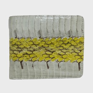 Genuine Grey Cobra Snake Wallet: Handmade Leather Bifold Yellow Stripes