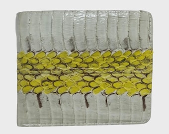 Genuine Grey Cobra Snake Wallet: Handmade Leather Bifold Yellow Stripes