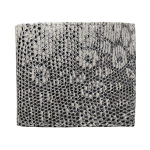 May include: A bi-fold wallet with a snakeskin pattern in shades of gray and white. The wallet has a rectangular shape and a textured surface, with a repeating pattern of small, scale-like shapes.