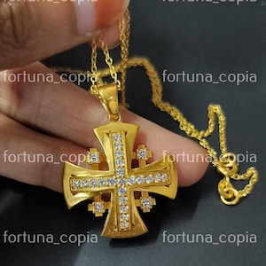 2TCW Round Cut Moissanite Pendant Chain /Moissanite Cross Pendant /Charm Cross Pendant 14k Yellow Gold Plated
