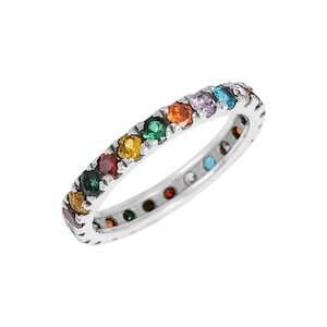 Rainbow Eternity-bandring - meerkleurige zirkonia-stenen 3 mm, sterlingzilver volledige eeuwigheidsband, stapelring, kleurrijke verlovingssieraden