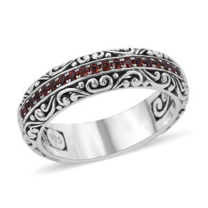Vintage Red Garnet Eternity Band Ring – 925 Sterling Silver Antique Design