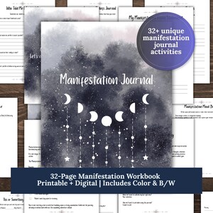 Diário e Planejador de Manifestação | Para Imprimir | Caderno de Exercícios Guiado de 32 Páginas para Definição de Metas e Crescimento Pessoal | Quadro de Visão | Carta | A4 | A5