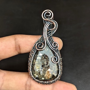 Turritella agate copper wire wrap pendant, handmade copper wire pendant, agate stone pendant, wire wrap polished pendant, birthday gifts