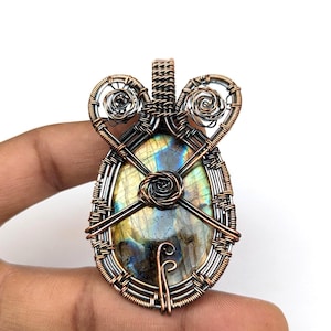 Labradorite copper wire wrapped design pendant, labradorite gemstone copper wire pendant, handmade copper jewelry, cabochon pendant for gift