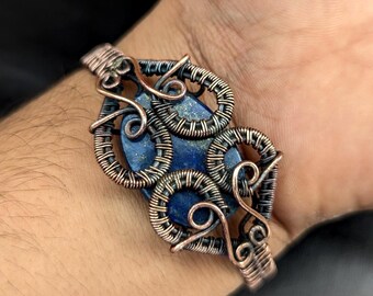 Lapis Lazuli Copper Cuff Bracelet • Artisan Wire Wrapped Adjustable Jewelry