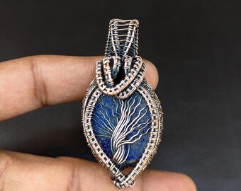 Blue Lapis Lazuli Chakra Pendant – Silver Wire Wrap Tree Of Life Necklace – Handmade Gemstone