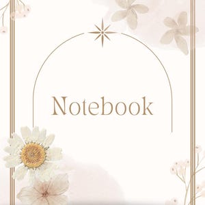Może przedstawiać: Notatnik z kwiatowym wzorem. Okładka zawiera słowo "Notebook" w kroju pisma szeryfowego, z akwarelowym tłem i kwiatowymi akcentami. Tekst "Sunday Self Co." znajduje się na dole.