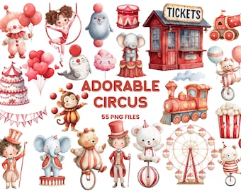Watercolor Circus Clipart | Animals, Tent, Clown (Digital Download)
