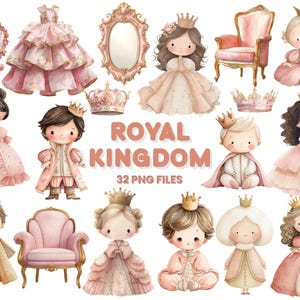 May include: Watercolor illustrations of a royal kingdom theme. The image features princesses, princes, crowns, mirrors, and a pink armchair. The text "ROYAL KINGDOM" and "32 PNG FILES" are also included in the image. The color palette is soft pink and gold.
