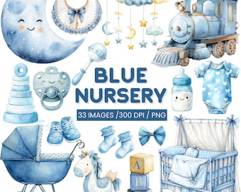 Blue Baby Shower Clipart | Watercolor Nursery Decor (Digital Download)