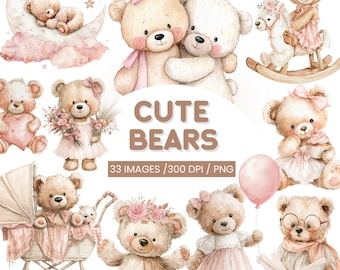 Watercolor Teddy Bear Clipart – Nursery PNG, Commercial Use (Digital Download)