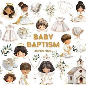 May include: A collection of watercolour illustrations for baby baptism, including angels, doves, crosses, baby shoes, bonnets, and dresses. The text "BABY BAPTISM" is in gold. Contains 35 PNG files.