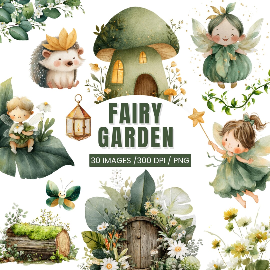 Watercolor Fairy Garden Clipart: Whimsical PNG Set (commercial Use) - Etsy