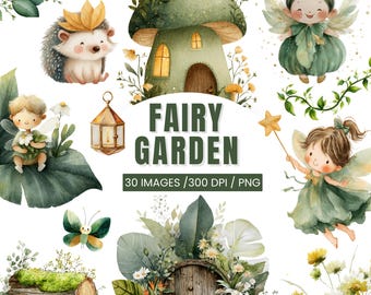 May include: Watercolor illustrations of a fairy garden theme. The image includes a mushroom house, fairies, a hedgehog, a lantern, a butterfly, and the text "FAIRY GARDEN". The image is labeled "30 IMAGES /300 DPI / PNG".