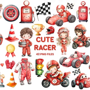 Puede incluir: Ilustraciones de acuarela de lindos corredores de dibujos animados, que incluyen coches de carreras, motocicletas y surtidores de gasolina. La imagen presenta niños con trajes de carreras, cascos y banderas. El texto "CUTE RACER" se muestra con "42 PNG FILES" debajo.