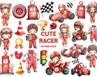 Paquete de imágenes prediseñadas de carreras: coche de carreras rojo, motocicleta, bebé corredor, invitación de cumpleaños PNG, conjunto para fiesta de carreras