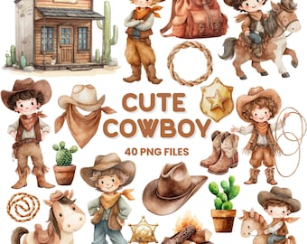 Clipart da cowboy / Festa di compleanno western / Cappello, stivali, bambini / PNG digitale ad acquerello