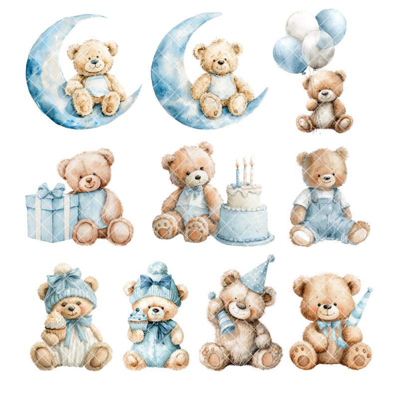 Blue Teddy Bear Clipart | Watercolor Baby Shower PNG (35 Files) - Etsy