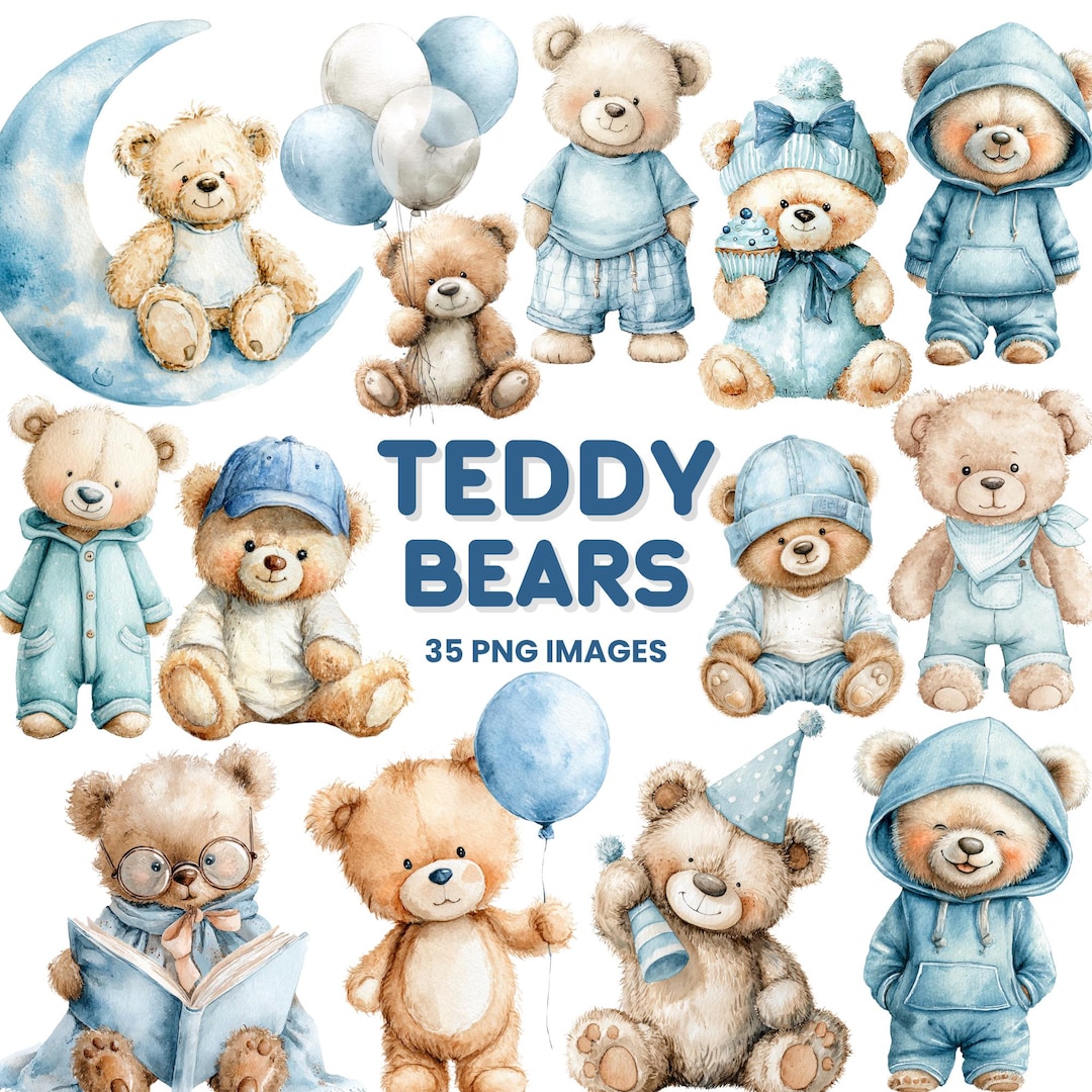 Blue Teddy Bear Clipart | Watercolor Baby Shower PNG (35 Files) - Etsy