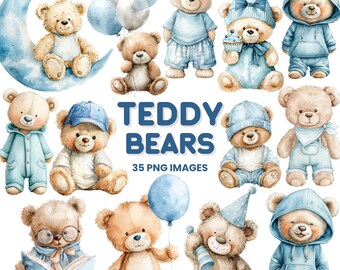 Blue Teddy Bear Clipart | Watercolor Baby Shower PNG (35 Files)