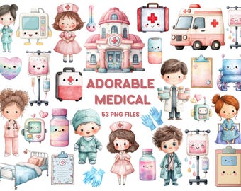 Clipart médico PNG / Lindos gráficos de enfermeras y doctores / Iconos de hospital / Conjunto de ilustraciones de atención médica / Descarga digital