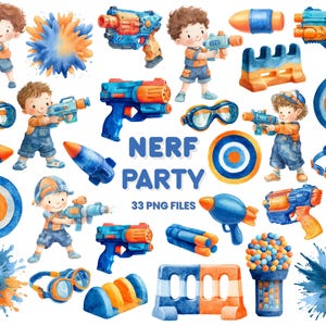 May include: Watercolor illustrations of toy water guns, goggles, targets, and other party supplies. The text "NERF PARTY" is displayed in blue letters. The image includes 33 PNG files.