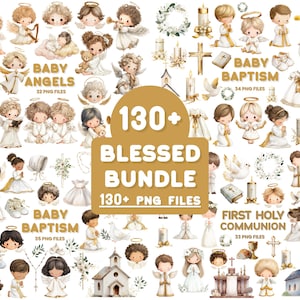 May include: A digital art bundle featuring watercolor illustrations of baby angels, baptism, and first holy communion themes. The image includes various PNG files with text that reads "Baby Angels," "Baby Baptism," and "First Holy Communion."