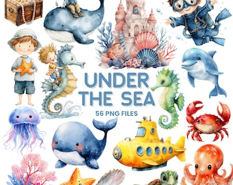 Under the Sea Clipart – Watercolor Ocean Animals PNG (Digital Download)