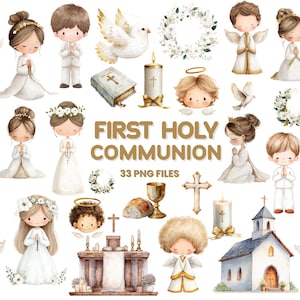 以下が含まれることがあります： 初聖体拝領のための水彩イラスト。画像には、白い衣装を着た子供たち、天使、鳩、十字架、ろうそく、教会、そして「FIRST HOLY COMMUNION」のテキストが含まれています。イラストはソフトパステルカラーです。