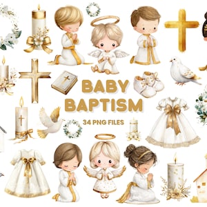 Puede incluir: Ilustraciones en acuarela con elementos temáticos de bautizo. Incluye imágenes de ángeles, cruces, palomas, velas, iglesias, ropa de bebé y coronas florales. Las palabras "Baby Baptism" se muestran en letras doradas, con "34 PNG FILES" debajo.
