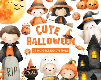 Watercolor Halloween Clipart: Kawaii Witch, Ghost, Pumpkin (PNG Files)