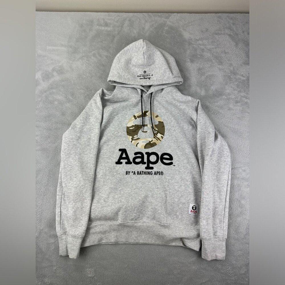 Aape by A Bathing Ape Logo Print Pullover Hoodie in Grey women's size Medium