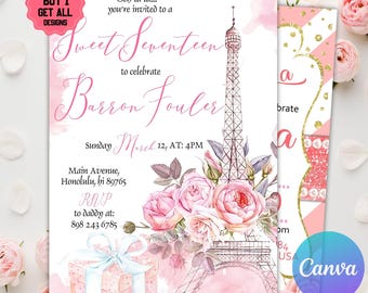 Invito di compleanno a Parigi, invito modificabile per festa a tema parigino, caffè parigino francese, Torre Eiffel floreale rosa Coquette, modello stampabile Canva