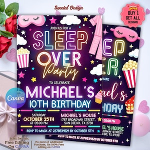 May include: A sleepover party invitation with a vibrant design. The invitation features the text "Sleep Over Party" and "Michael's 10th Birthday" in a neon style. Additional details include the date, time, and location. The invitation is 5x7 inches.