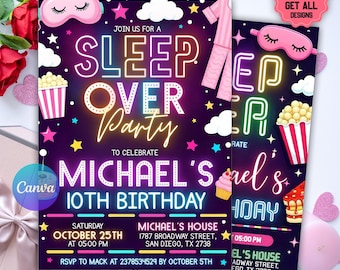 Sleepover Birthday Invitation, Slumber Party Birthday Invite, Pajama Party, Neon Sleepover Invitation, Canva Template