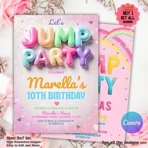 Puede incluir: Una invitación de fiesta de cumpleaños con las palabras "Let's JUMP PARTY" en letras 3D coloridas. La invitación es para el décimo cumpleaños de Marella, con detalles del evento. El diseño incluye un fondo rosa y brillante con un arcoíris a la derecha.